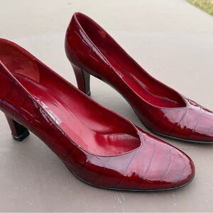 Salvatore Ferragamo Burgundy Croc-Embossed Patent Pumps | Made in Italy